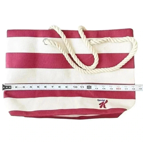 Oversized Canvas Tote Bag Rope Handle Beach Travel Carryall Red Cream Stripes - Picture 10 of 13